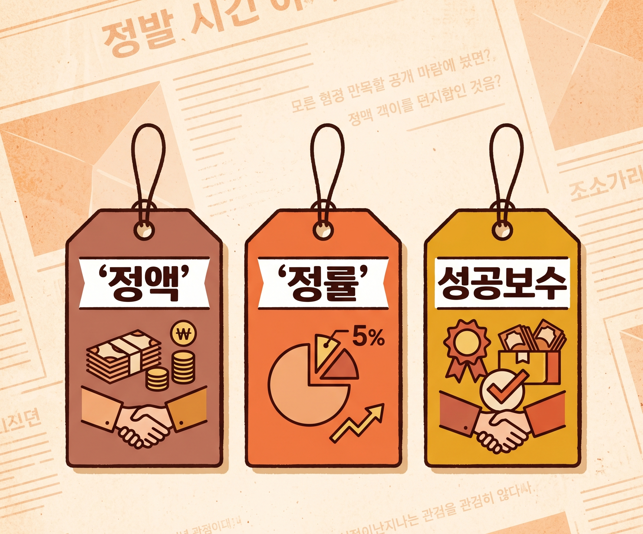 정액·정률·성공보수 수수료 태그 일러스트 — 세무사 수수료 산정 방식